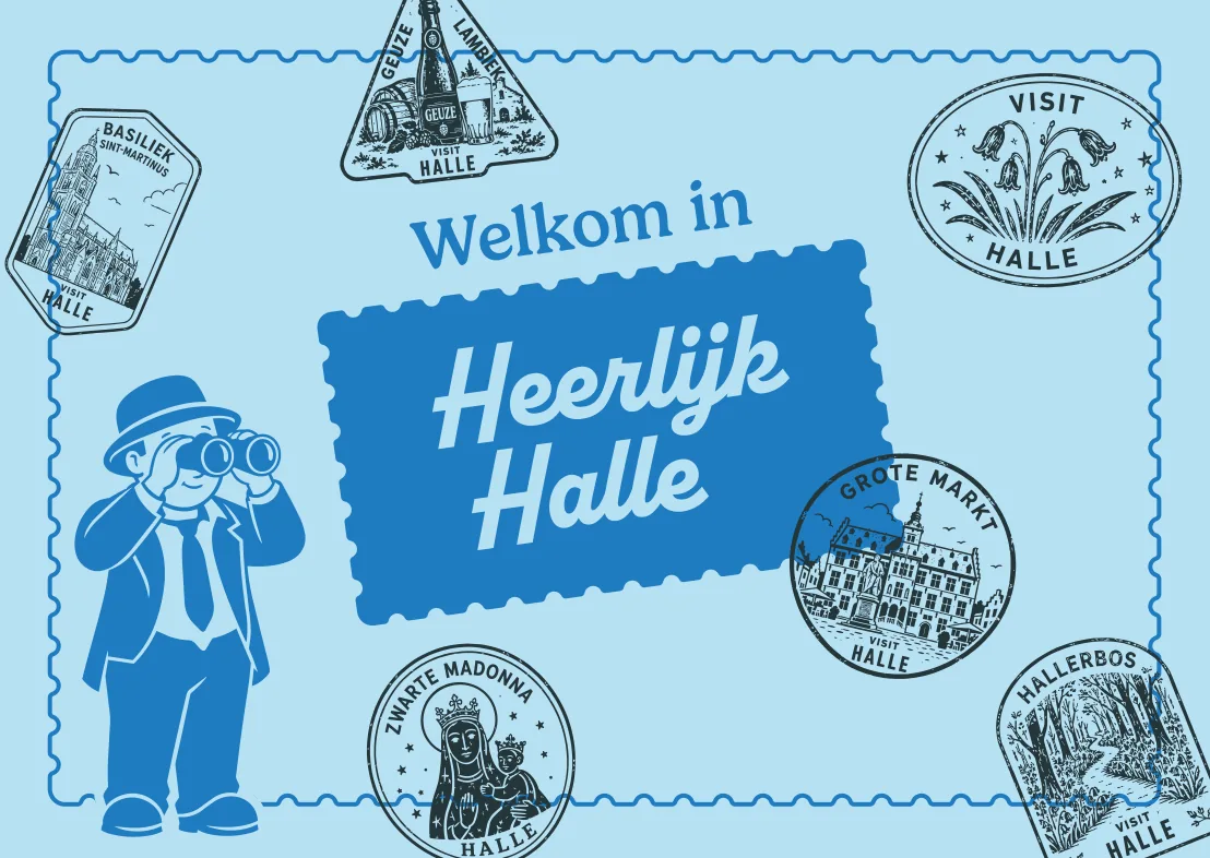 Postkaart: Welkom in Heerlijk Halle, met de Vaantjesboer en Halse stempels