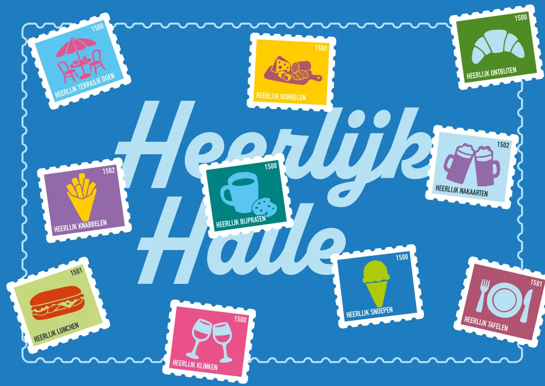 Postkaart: Heerlijk Halle, met gekleurde zegels rond het logo