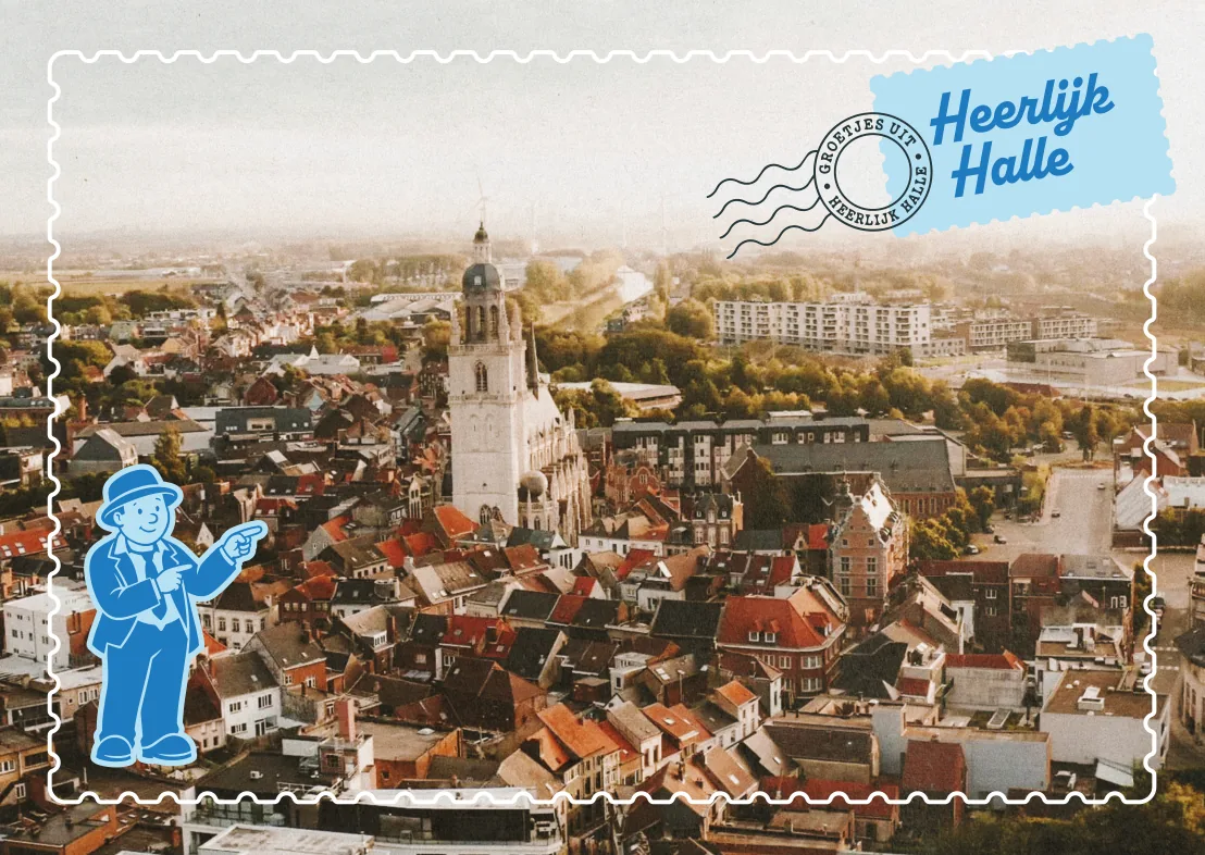 Postkaart met een zicht over de daken van Halle en de basiliek